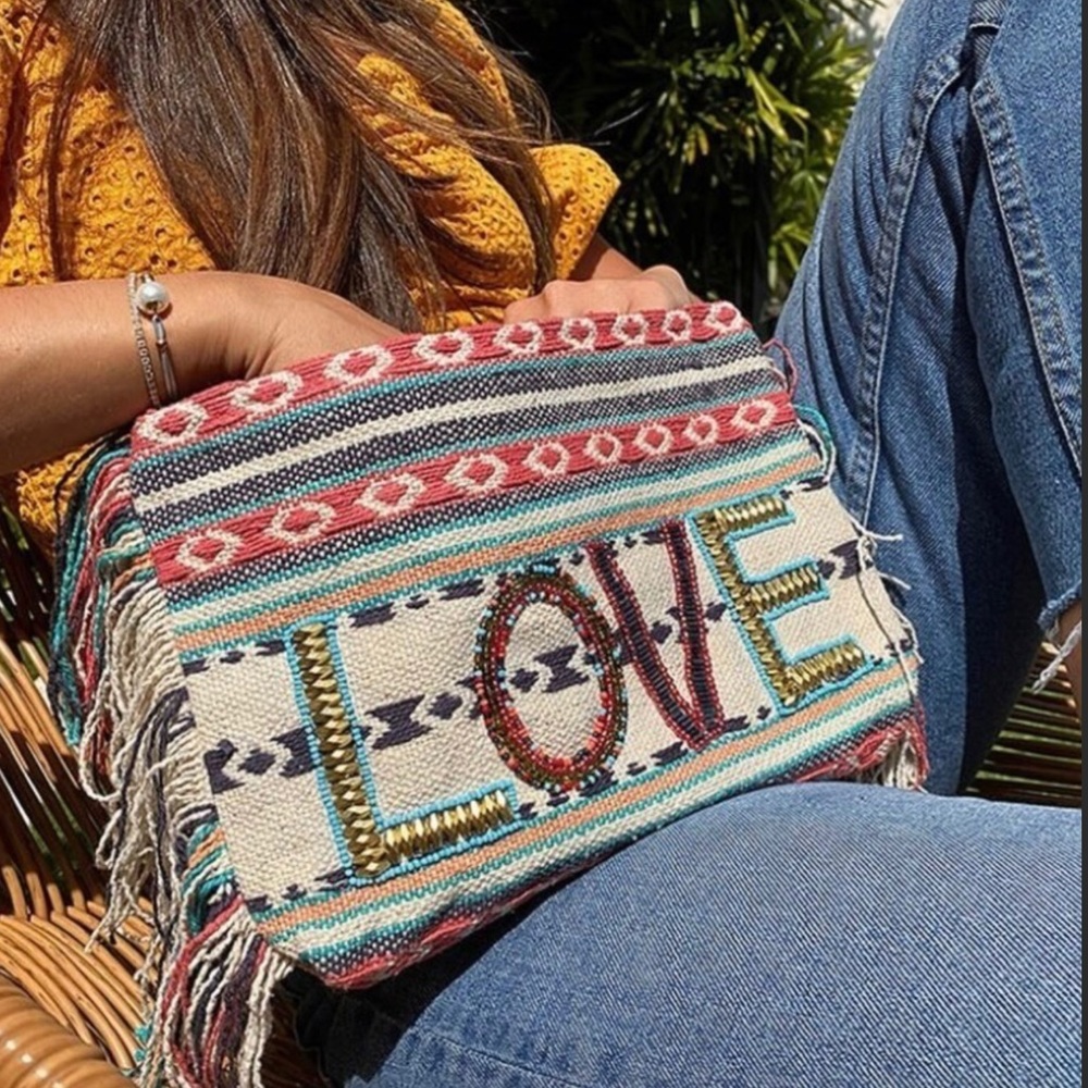 Ale by Alessandra “All You Need is LOVE” boho chic fringed beadwork clutch bag